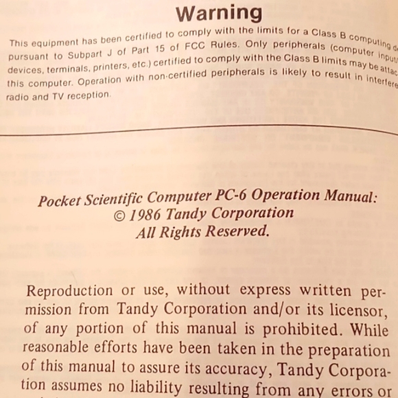 Tandy PC-6 Pocket Scientific Computer Operation Manual - Picture 3 of 4